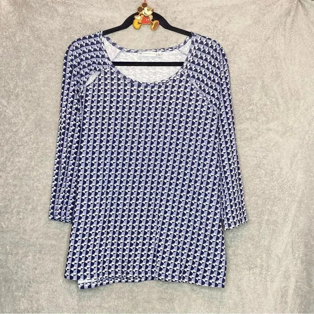 Rafaella 2X Top Shirt Blue White Geometric Scoop Neck 3/4 Sleeve Cutout Womens